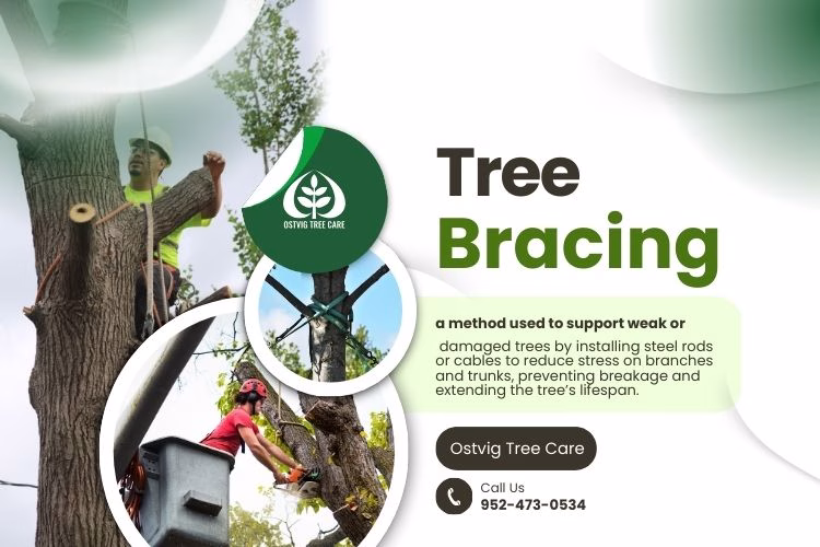 Infographic explaining tree bracing with steel cable support and Ostvig Tree Care crew photos.