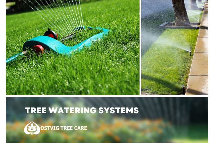 Split image of an oscillating lawn sprinkler and inground sprinkler heads watering trees, with "Tree watering systems" title and Ostvig Tree Care logo.