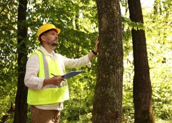 Certified arborist inspecting tree trunk for health issues in Excelsior.