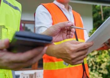 Property manager and technician reviewing a tree service estimate together.