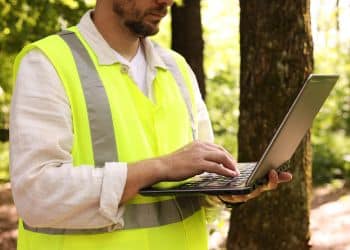 Arborist reviewing tree assessment data on laptop in the field.