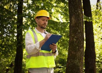 Property manager in safety vest inspecting trees with clipboard in hand.