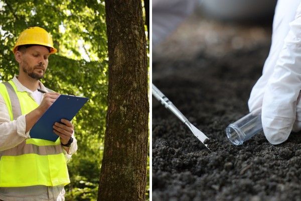 ISA Certified Arborist inspecting a tree and collecting a soil sample as part of a Plant Health Care (PHC) assessment.