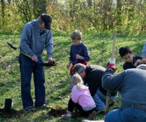 Ostvig crew members and children planting a tree together in a grassy area.
